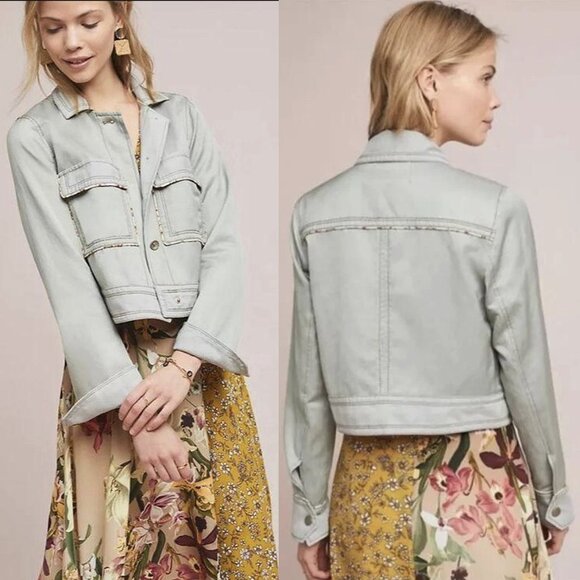 Anthropologie Linen Blend Piped Trucker Jacket in Light Mint Green Gray, size M - Picture 2 of 12